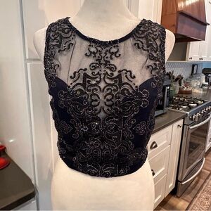 Speechless Navy Blue Mesh Beaded Sheer Sleeveless Sweatheart Formal Crop Top 11